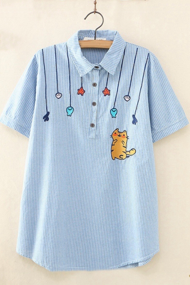 Cartoon Cat Shell Embroidery Button Front Short Sleeve Stripes Blouse