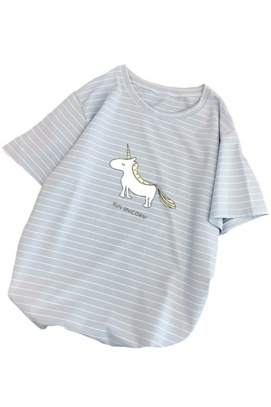 Cartoon Unicorn Letter Striped Print Round Neck Short Sleeve Leisure Cotton Graphic T-Shirt