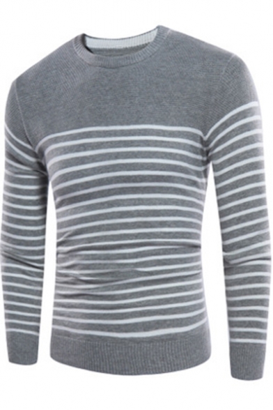 Classic Fashion Stripe Printed Mens Crew Neck Slim Fit Pullover Jumper Sweater