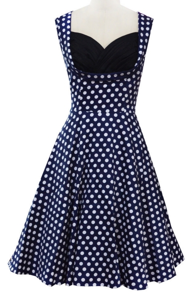 Classical Polka-Dot Printed Sleeveless Midi Fit and Flare Retro Dresses