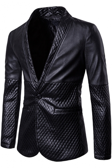 Cool Diamond Lattice Shawl Collar Single Button Long Sleeve Black Leather Blazer Coat