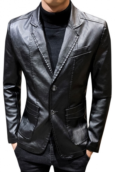 Cool Plain Notched Lapel Double Button Long Sleeve Business Leather Blazer Jacket
