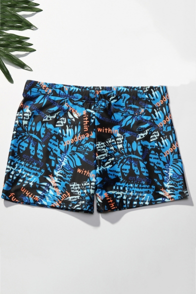 Fashion Allover Coconut Tree Letter Printed Elastic Waist Quick Dry Blue Men's Swim Trunks with Swimming Cap