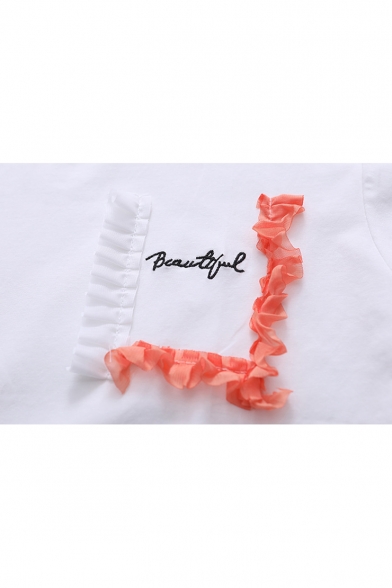 Fashion Letter Cat Embroidered Round Neck Short Sleeve Colorblock Lace Patch Loose Relaxed T-Shirt