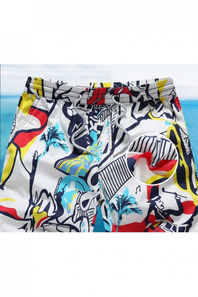 Funny Figure Printed Drawstring Waist Loose Cotton Beach Holiday Swim Shorts for Men