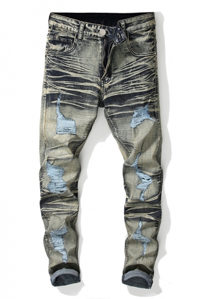 Guys New Fashion Vintage Bleach Washed Rolled Cuff Distressed Ripped Slim Fit Jeans