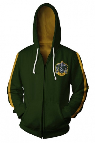 Harry Potter University Badge Print 3D Cosplay Costume Long Sleeve Green Zip Up Hoodie