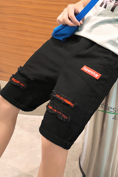 Men's New Fashion Letter SUPERSTAR Patched Drawstring Waist Destroyed Ripped Rolled Cuff Black Casual Denim Shorts