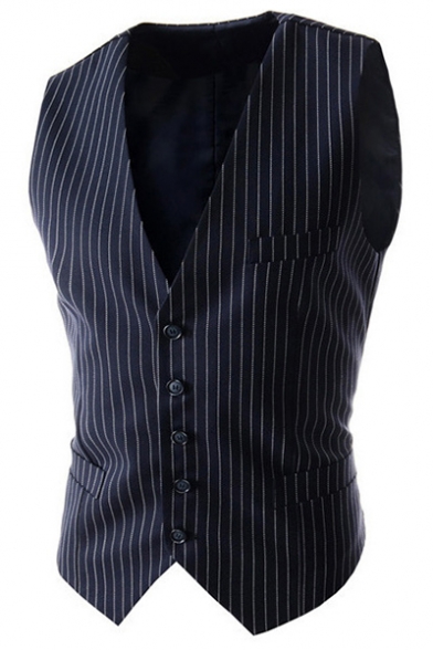 Men's Stylish Vertical Stripes Printed Single Breasted Buckle Back Slim Cotton Suit Vest