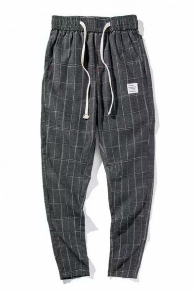 Mens Cool Classic Plaid Printed Drawstring Waist Casual Cotton Tapered Pants