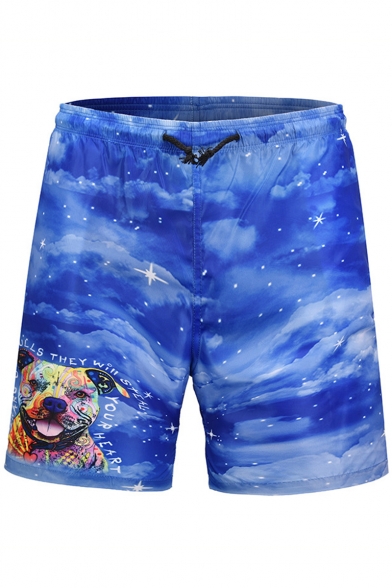 Mens Fashion Cartoon Dog Letter Starry Sky Printed Drawstring Waist Summer Beach Shorts Blue Swim Trunks