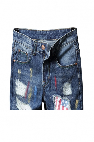Mens Hip Hop Style Cool Spray Flag Printed Light Blue Ripped Jeans