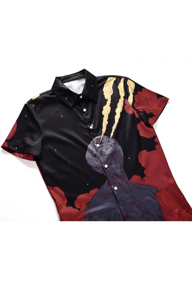 Mens Street Fashion Fire Skull 3D Printed Short Sleeve Button-Front Fitted Black Shirt Rompers