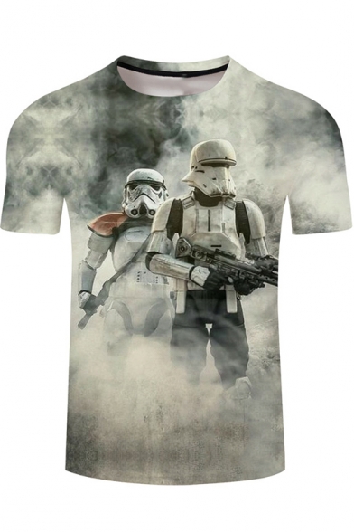 Mens Stylish Robot Soldier Print Short Sleeve Grey Basic T-Shirt