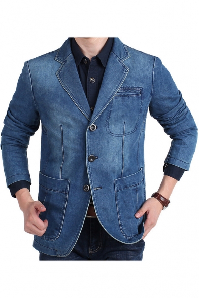 Mens Trendy Notched Lapel Collar Long Sleeve Buttons Down Plain Denim Blazer Coat