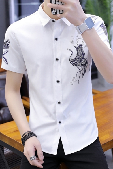 New Arrival Flying Crane Printed Short Sleeve Slim Fit Button Front Shirt for Men