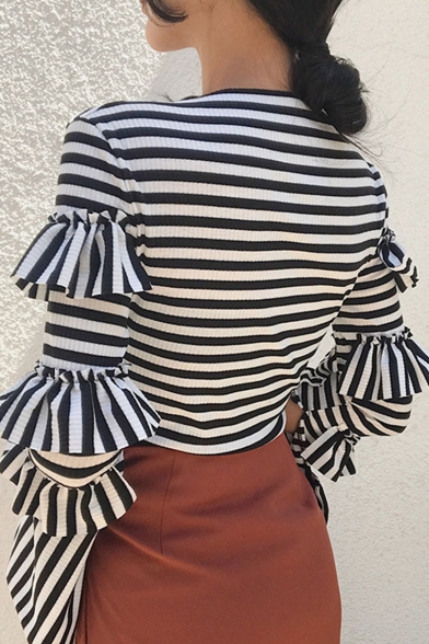 New Stylish Classic Stripes Ruffle Long Sleeve Knit T-Shirt