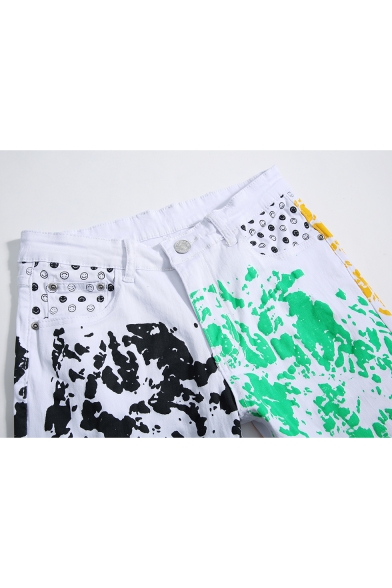 New Stylish Colorful Splash-Ink Smile Face Printed Stretch Fitted White Jeans for Men