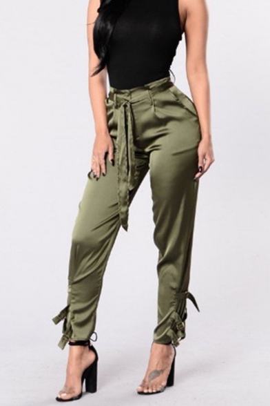 New Stylish Simple Plain Tied Waist Buckle Patched Casual Tapered Pants