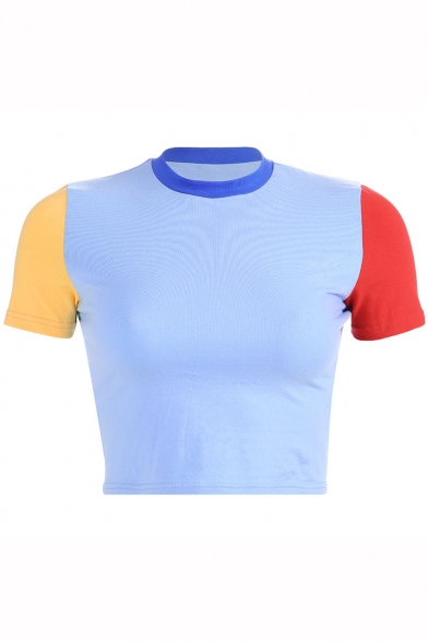New Trendy Color Block Mock Neck Short Sleeve Blue Cropped T-Shirt
