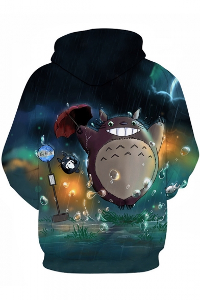 New Trendy Lovely Cartoon Totoro in Rain 3D Printed Drawstring Hoodie in Blue