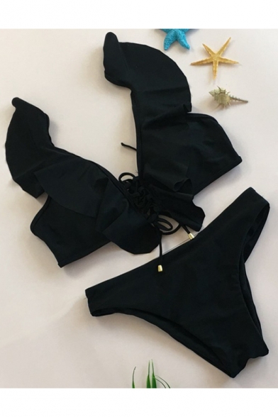 Sexy Plain Women's Hollow Out Tied Front Ruffle Design Bikinis