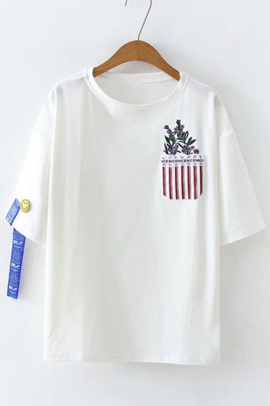 Simple Floral Embroidery Round Neck Ribbon Short Sleeve Loose Relaxed T-Shirt