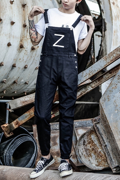 Simple Letter Z Printed Front Elasticized Cuff Mens Casual Bib Overalls
