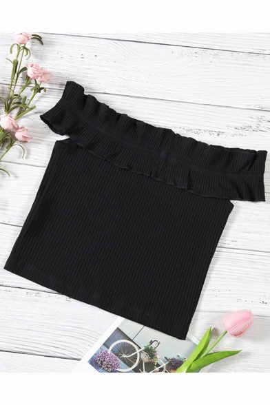 Simple Plain Off the Shoulder Ruffle Design Knit Crop T-Shirt