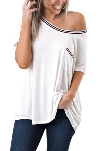 Simple Stripe Edge Round Neck Short Sleeve Loose Casual T-Shirt