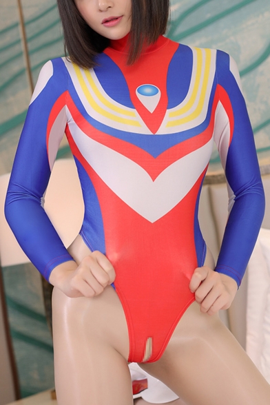 Ultraman Cosplay Costume Mock Neck Long Sleeve Blue Slim Bodysuit