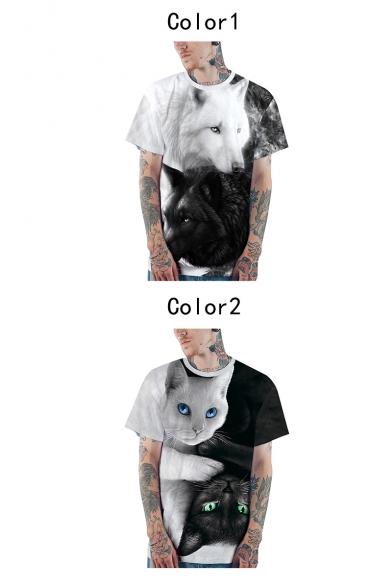 Unisex 3D Wolf Cat Pattern Round Neck Short Sleeve Loose Casual Black and White T-Shirt