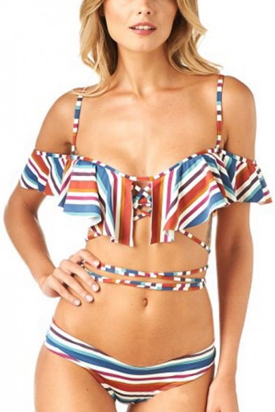 Women's Fashion Striped Print Spaghetti Straps Ruffle Detail Bikini