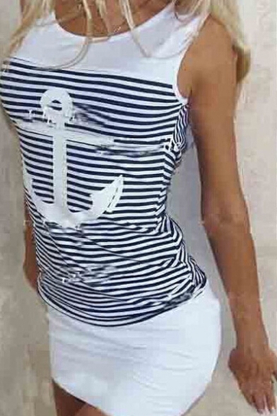 Women's Sexy Hot Fashion Stripes Ship Anchors Printed Slim Mini Bodycon Dress