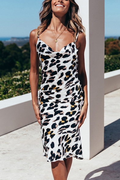 Womens Summer Stylish Floral Leopard Printed Strap Mini Slip Dress