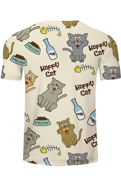Allover Happy Cat Printed Round Neck Short Sleeve T-Shirt