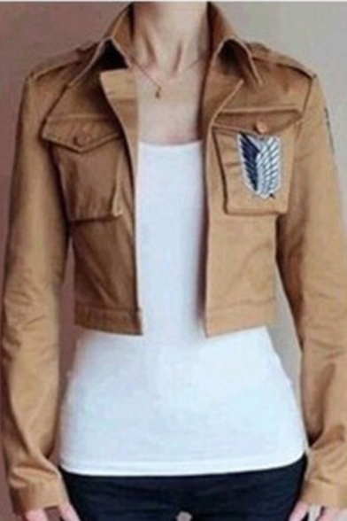 Comic Logo Pattern Long Sleeve Open Front Khaki Cropped Jacket for Women