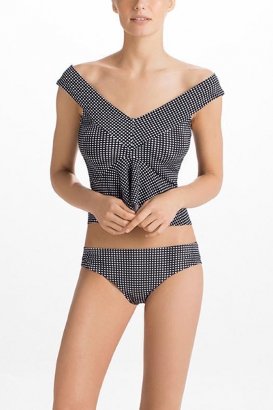 Black Polka Dot Printed V-Neck Ruffle Design Bikini Swimwear