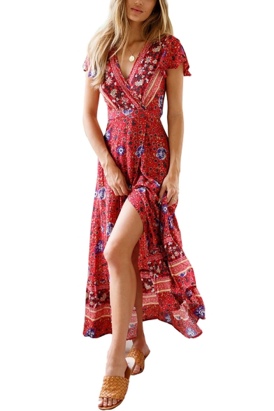Boho Style V-Neck Short Sleeve Floral Tribal Printed Sexy Split Front Maxi A-Line Dress