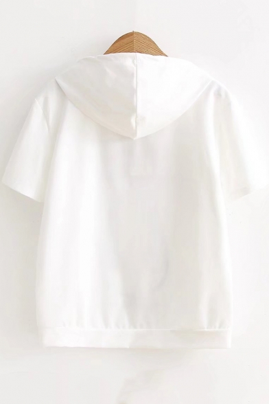 Cartoon Cat Embroidery Short Sleeve Drawstring Hood Summer Casual T-Shirt