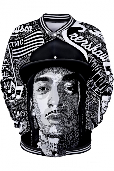 Cool American Rapper 3D Portrait Sketch Print Stand-Collar Button Down Unisex Black Baseball Jacket