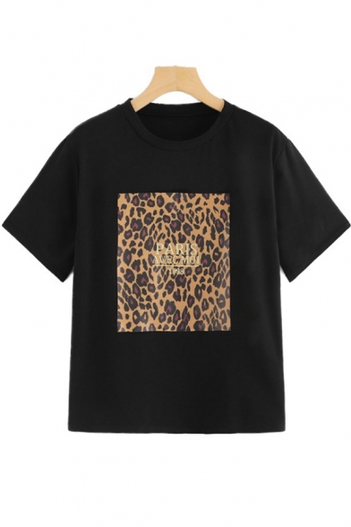 Cool Black Leopard Letter PARIS AVEC MOI 1998 Printed Round Neck Short Sleeve Casual T-Shirt
