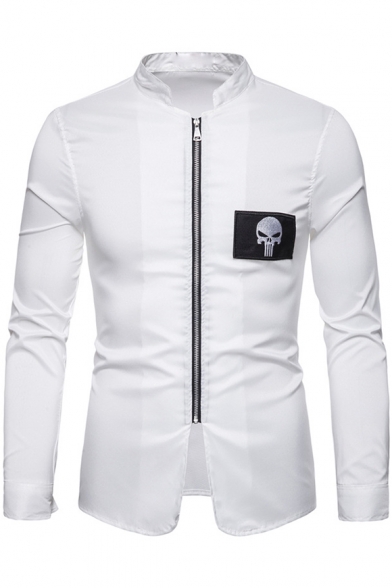 Cool Skull Applique Chest Stand Collar Long Sleeve Zip Up Plain Slim Shirt for Men