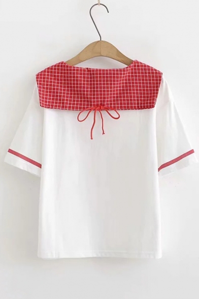 Cute Strawberry Cat Claw Letter Printed Plaid Sailor Collar Short Sleeve White Tee