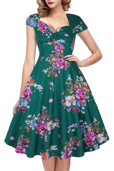 Elegant Vintage Style Floral Printed Short Sleeve Green Midi Flare Dress