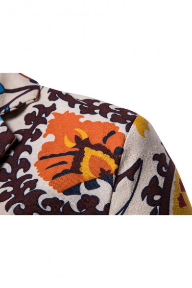 Ethnic Floral Print Long Sleeve Double Button Notched Lapel Mens Khaki Linen Blazer Suit