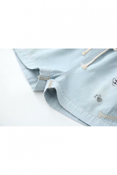 Fashion Cat Fishbone Embroidery Drawstring Waist Women Denim Jeans Shorts