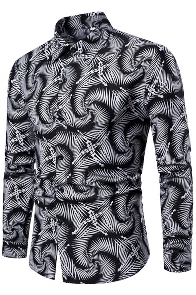 Fashion Whirlpool Printed Mens Popular Long Sleeve Black Button-Up Shirt