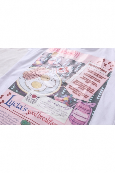 Funny Cartoon Letter Fried Eggs Figure Macaroon Printed Round Neck Short Sleeve White Loose Tee