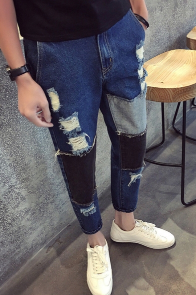 Guys Cool Hip Hop Style Colorblocked Patched Slim Fit Ripped Dark Blue Jeans